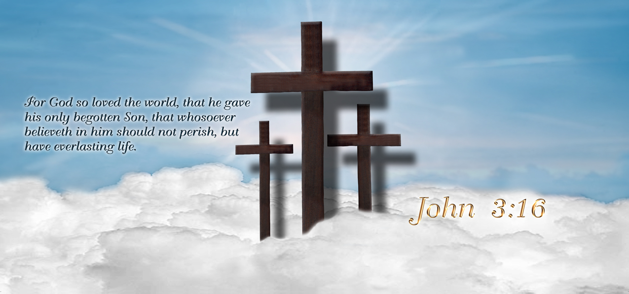 John 3-16 Clouds 3 Crosses Blue